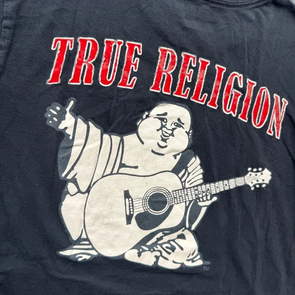 True Religion Mens Black Buddha Guitar Graphic T-Shirt Horseshoe Logo Medium